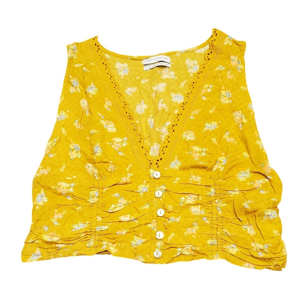 UO Emilia Yellow Floral Tank Top Large Boho Cottagecore Lace Ruched Button Up